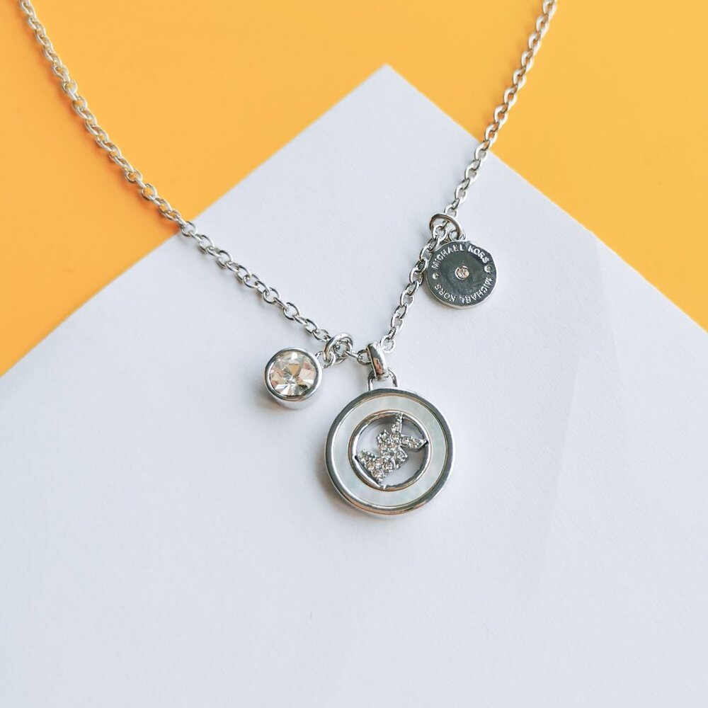 Crystal Logo Triple Charm Silver Pendant Necklace by Michael Kors